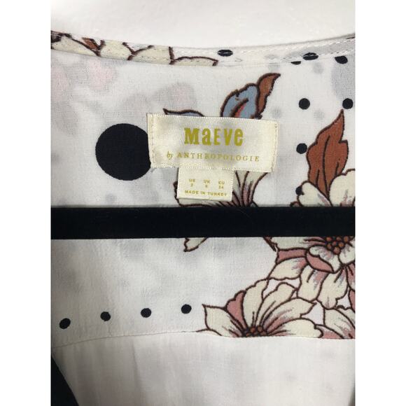 Anthropologie Maeve Aubrey White Black Pink Floral Wrap Short Dress 2 Vacation - Picture 3 of 10